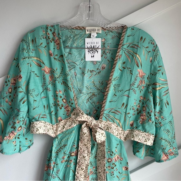 Wicked AF MAISIE High-Low Cotton Midi Mint Green V-neck Long Floral Dress Size M - Picture 8 of 13